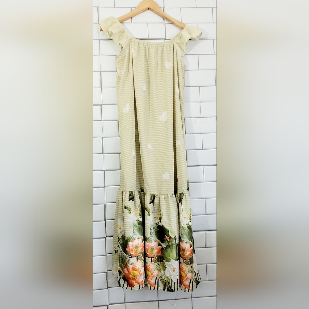 Shein Youths Midi Style Dress Shift Ruffled Shoulder Strap Stripes & Floral Hem